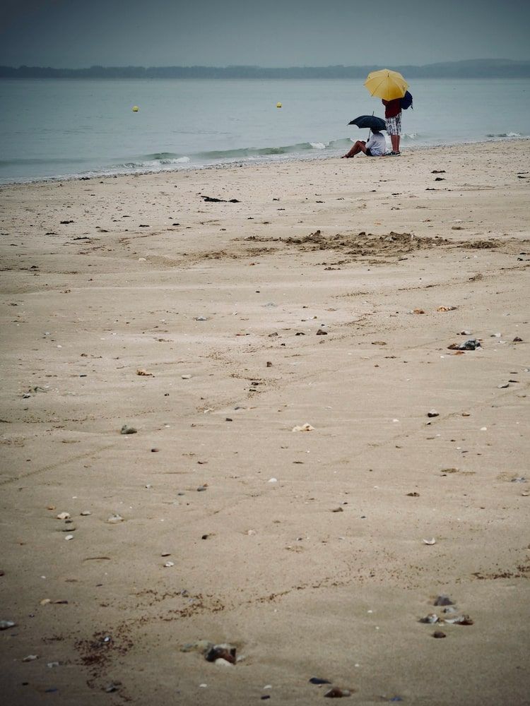Couple avec des parapluies sous la pluie sur la plage de Honfleur. On aperçoit le port du Havre dans les brumes.Série "Un temps de chien" de Antoine Fantin.
